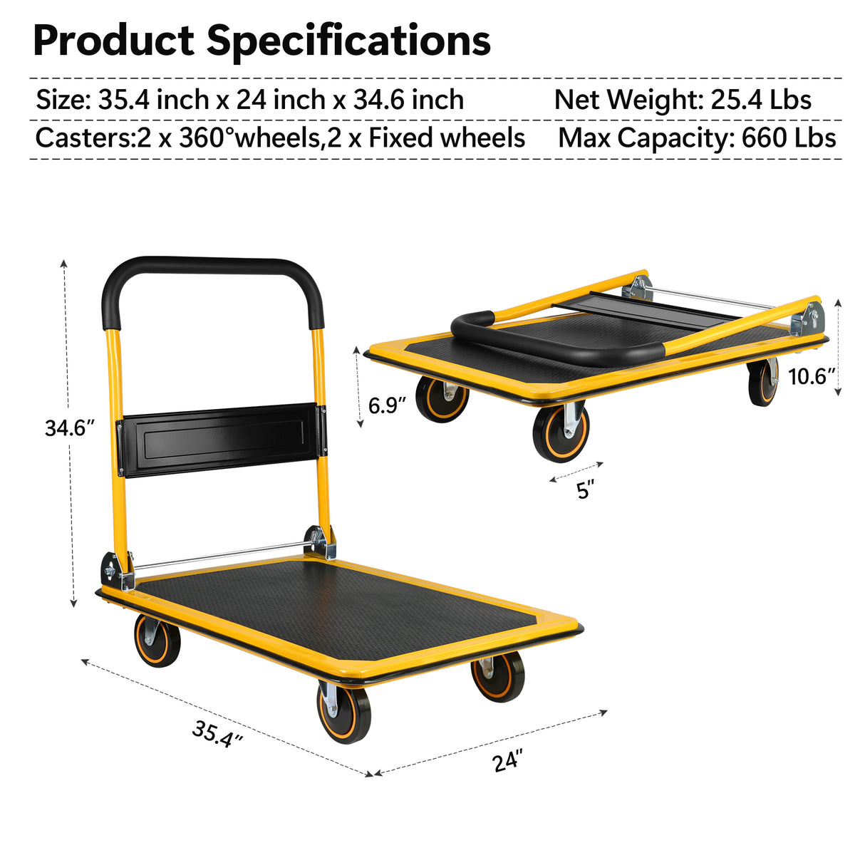 Platform Hand Truck Large Size Foldable Dolly Cart for Moving Easy Storage and 360 Degree Swivel Wheels 660lbs Weight Capacity