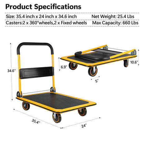 Carretilla de mano con plataforma, carrito plegable de gran tamaño para mover, fácil almacenamiento y ruedas giratorias de 360 ​​grados, capacidad de peso de 660 libras