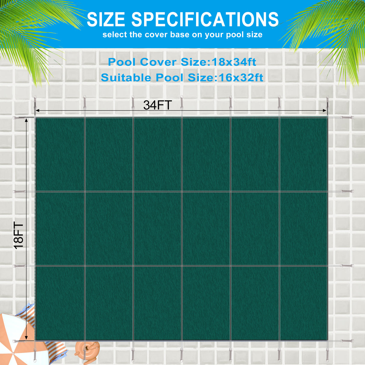 Inground Pool Safety Cover 16x32ft Rectangle Winter for Inground Swimming Pools Solid Triple Stitched for High Strength Hardware Included--Green Mesh