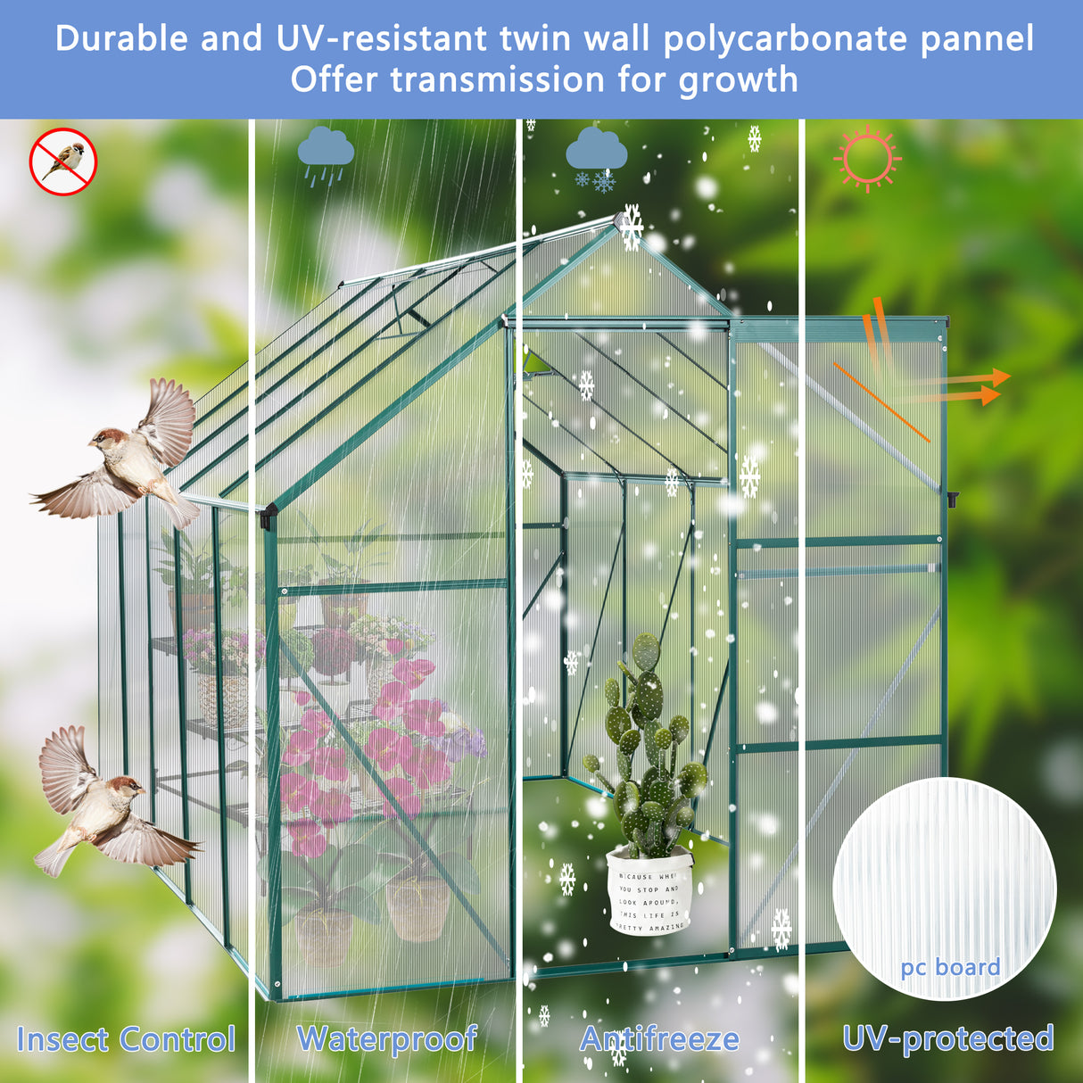 Serre en Polycarbonate 6x10 pieds, base surélevée et ancre en aluminium, robuste, pour cour extérieure, vert toutes saisons