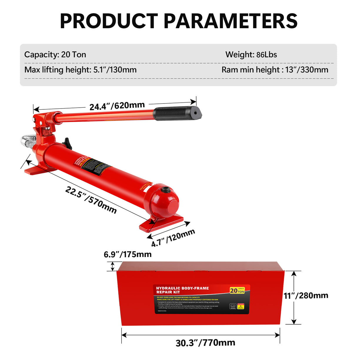 20 Ton Power Kit Portable Hydraulic Jack with 1.43 m Oil Hose Car Frame Repair Tool with Storage Case for Automotive