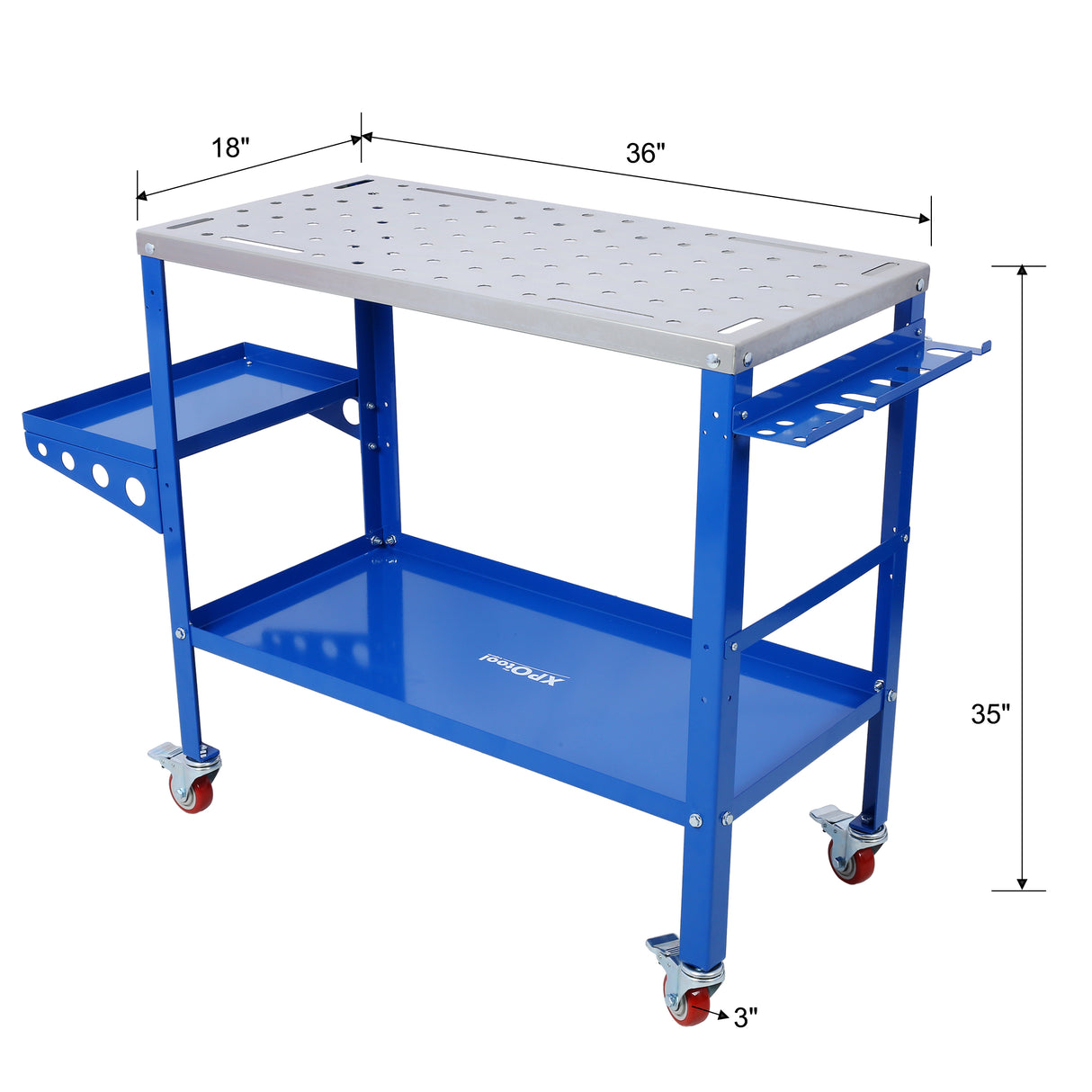 Welding Workbench Table 36"x18" 1200lbs Load Capacity Steel on Wheels Portable Work Bench with Braking Lockable Casters Tool Slots 5/8-inch Fixture Holes Tray Blue