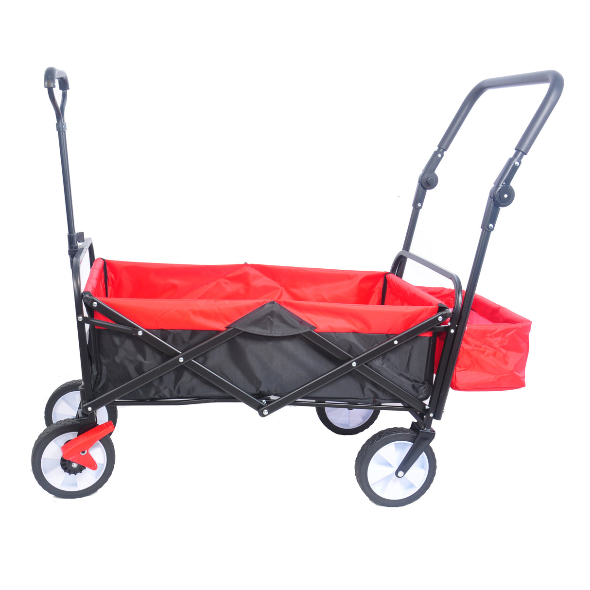 Zusammenklappbarer Mehrzweckwagen für den Außenbereich, robust, zusammenklappbar, für den Garten, tragbarer Handwagen, Getränkehalter, verstellbare Griffe, Schwarz, Rot