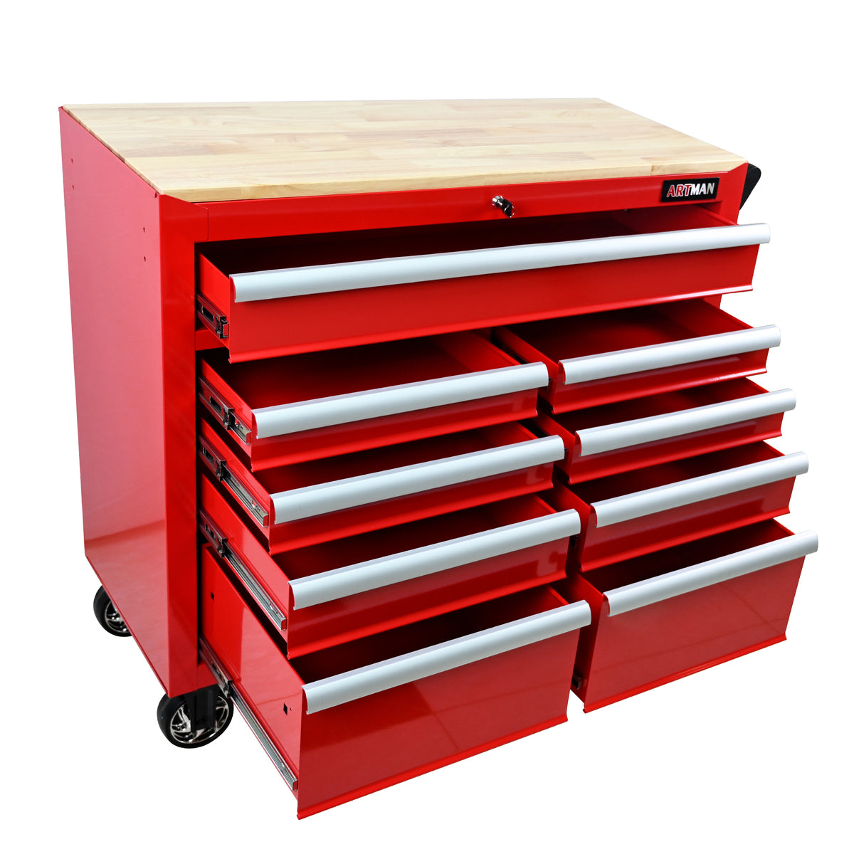 9 Drawers Multifunctional Tool Cart with Wheels and Wooden Top Red