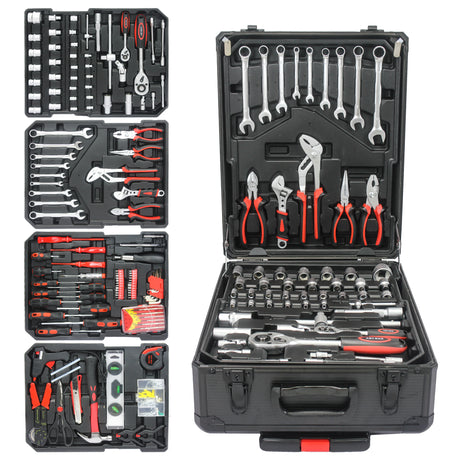 Itim na Hand Tool Box na may 4 na Layer ng Toolset at Gulong