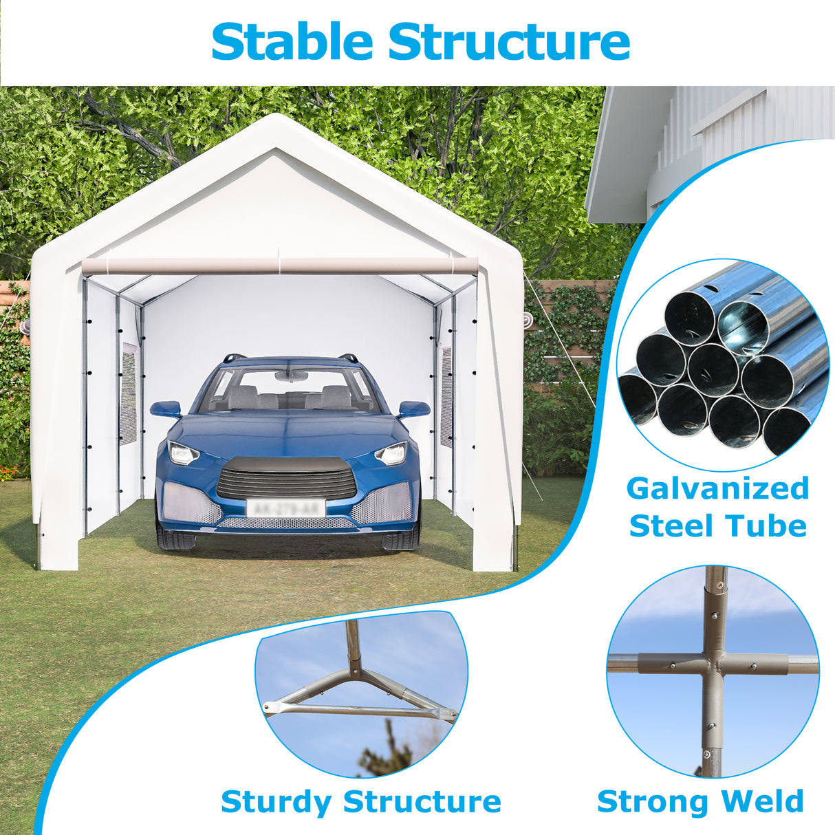 Carport-Überdachung, 10 x 20 Fuß, robuste Boots- und Autogarage mit abnehmbaren Seitenwänden und aufrollbaren, belüfteten Fenstern, weiß