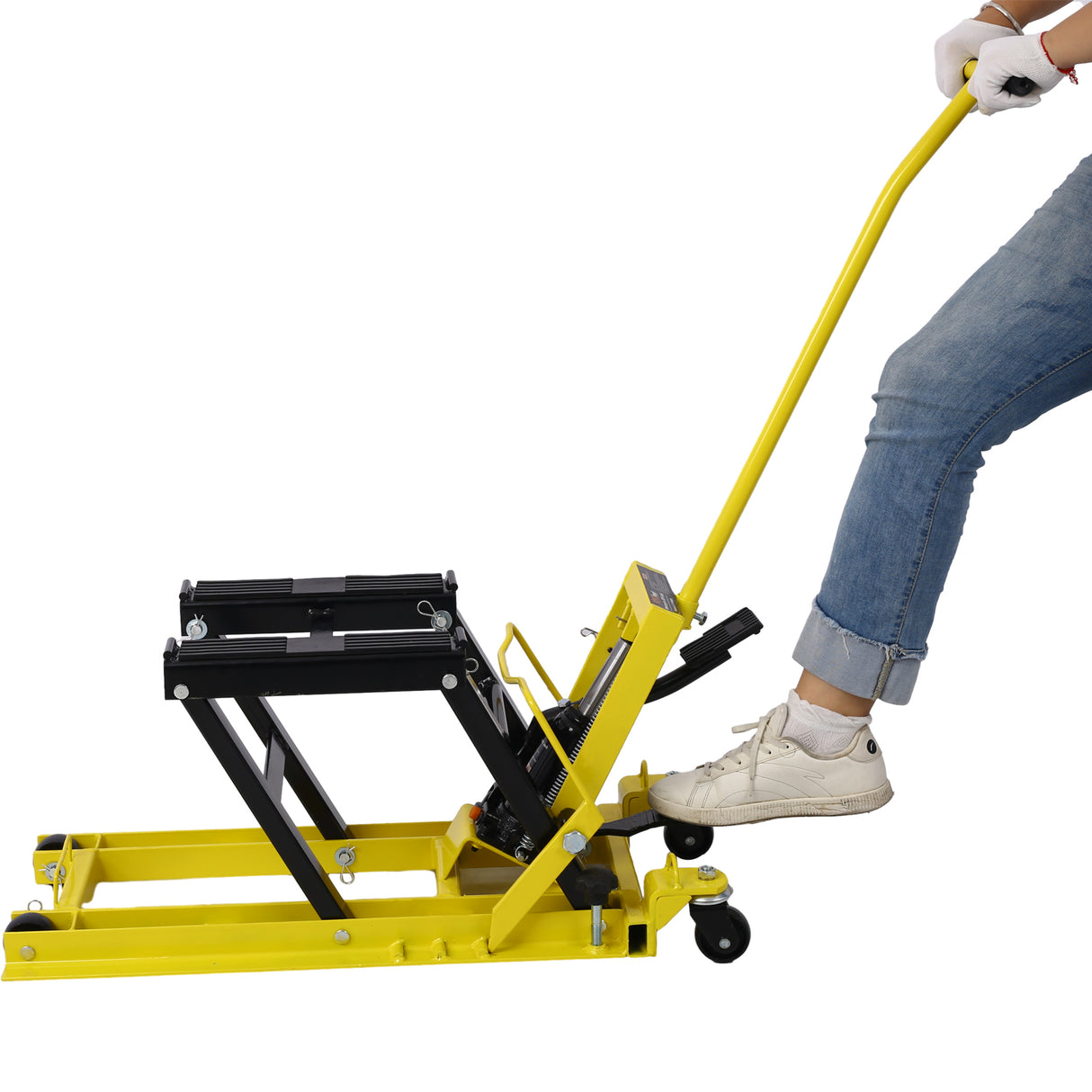 Gato elevador hidráulico para motocicleta, capacidad de 1500 libras, mesa portátil de tijera ATV con 4 ruedas, soporte de elevación accionado por el pie con amarre, color amarillo