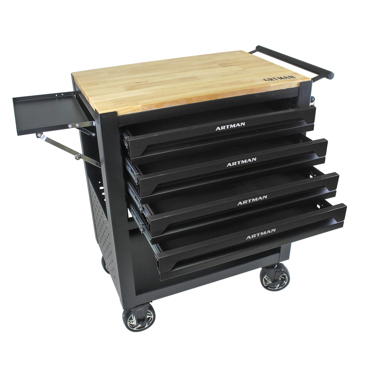 4 Drawers Multifunctional Tool Cart with Wheels and Wooden Top Black