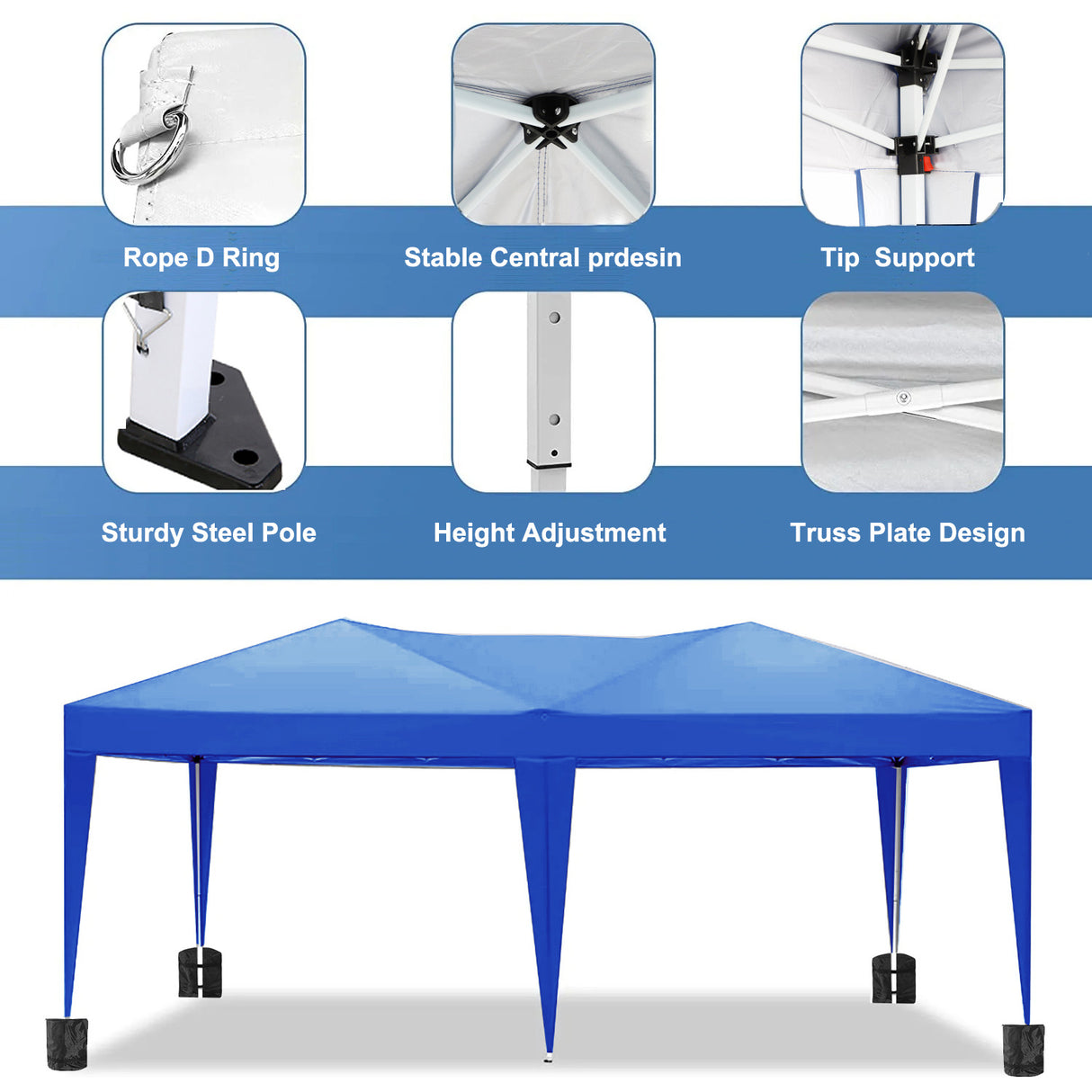 Tente pliante portative extérieure d'auvent EZ Pop Up de 10'x20' avec 6 parois latérales amovibles + sac de transport + sac de poids 4 pièces-bleu