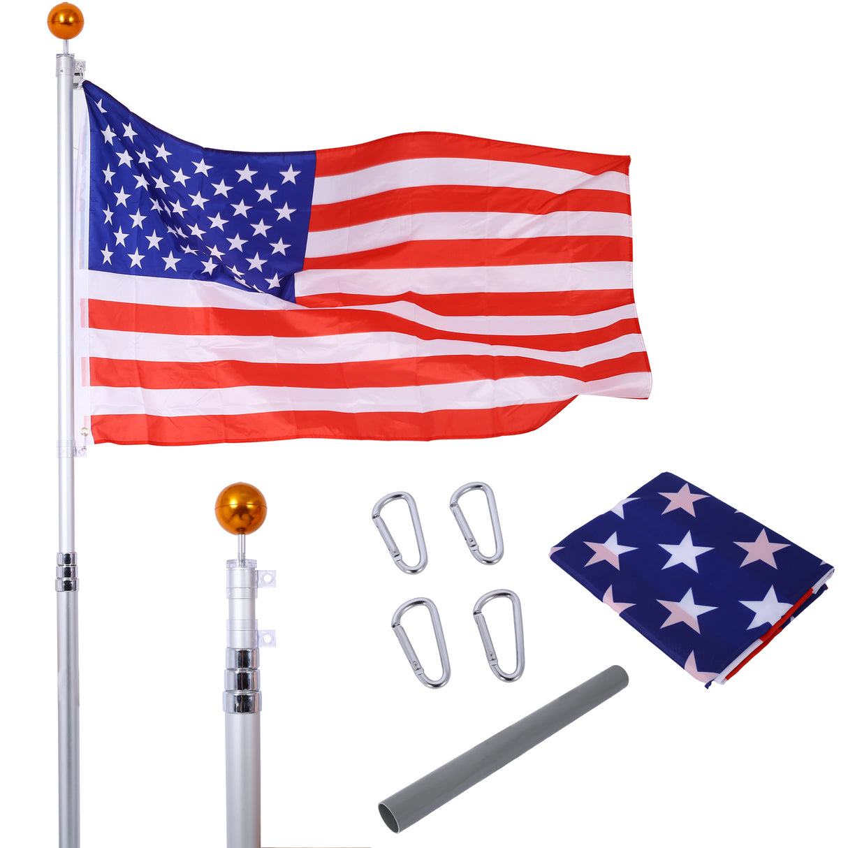 16FT Telescopic Sectional Flag Pole Kit Extra Thick Heavy Duty Aluminum Flagpole Outdoor Inground with Topper Balls for Yard Residential or Commercial