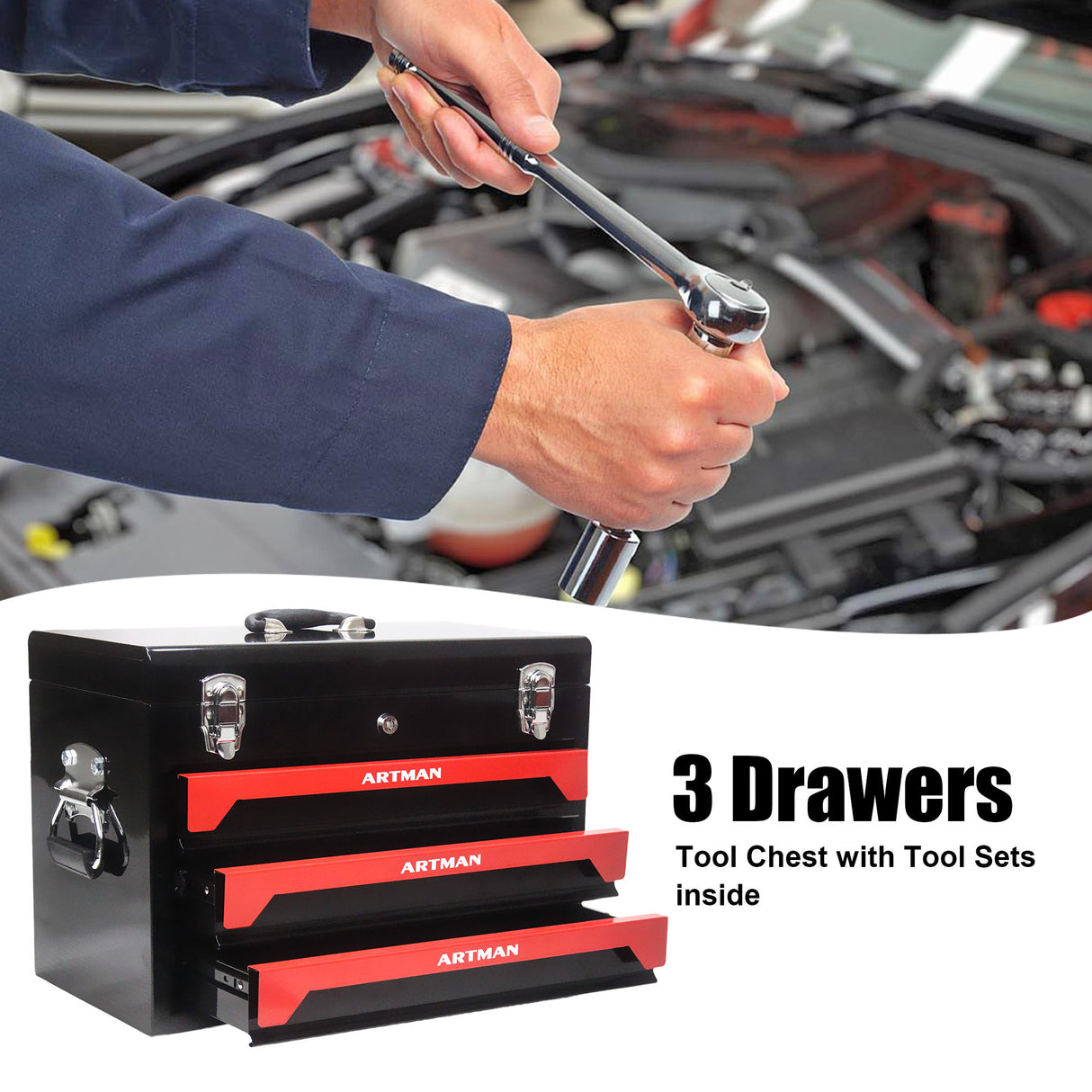 3 Drawers Tool Box with Tool Set Red