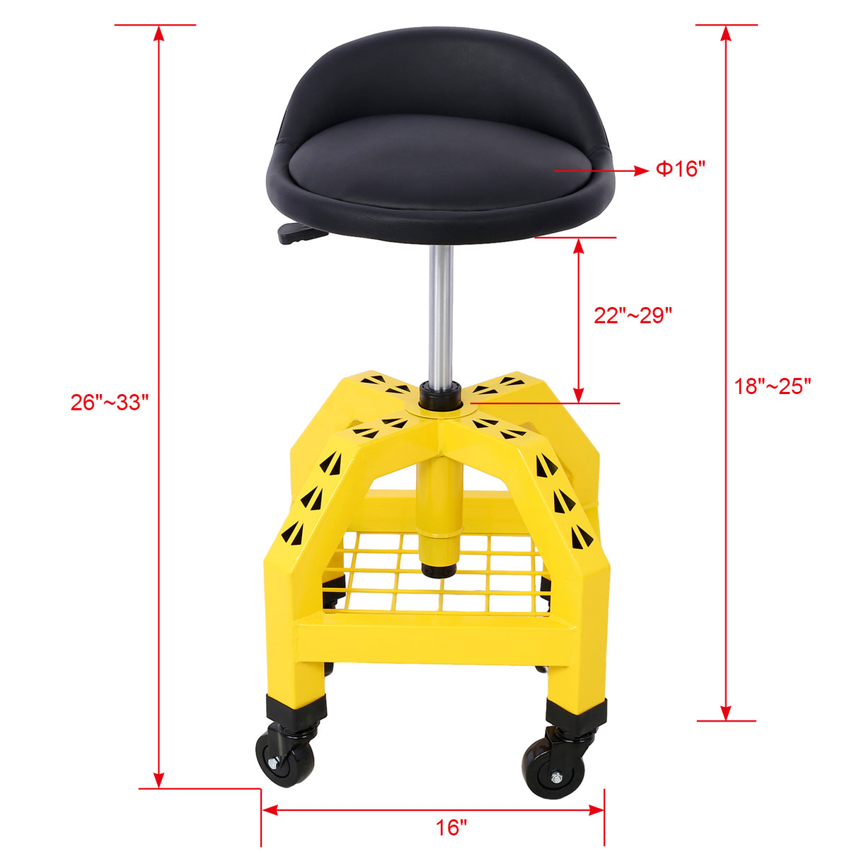 Taburete giratorio neumático de 360 ​​grados, asiento de enredadera rodante mecánico, taller resistente con ruedas, capacidad de 300 libras, color amarillo