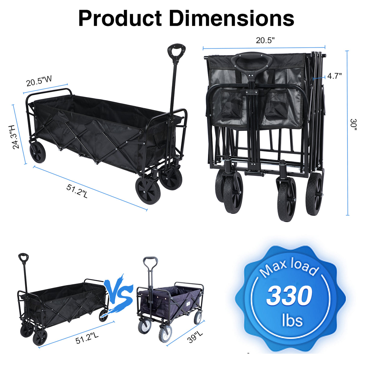 Chariot à main pliable robuste avec auvent amovible, roues de 8 pouces, poignées réglables et double tissu pour le shopping, pique-nique, plage, camping, capacité de 330 lb