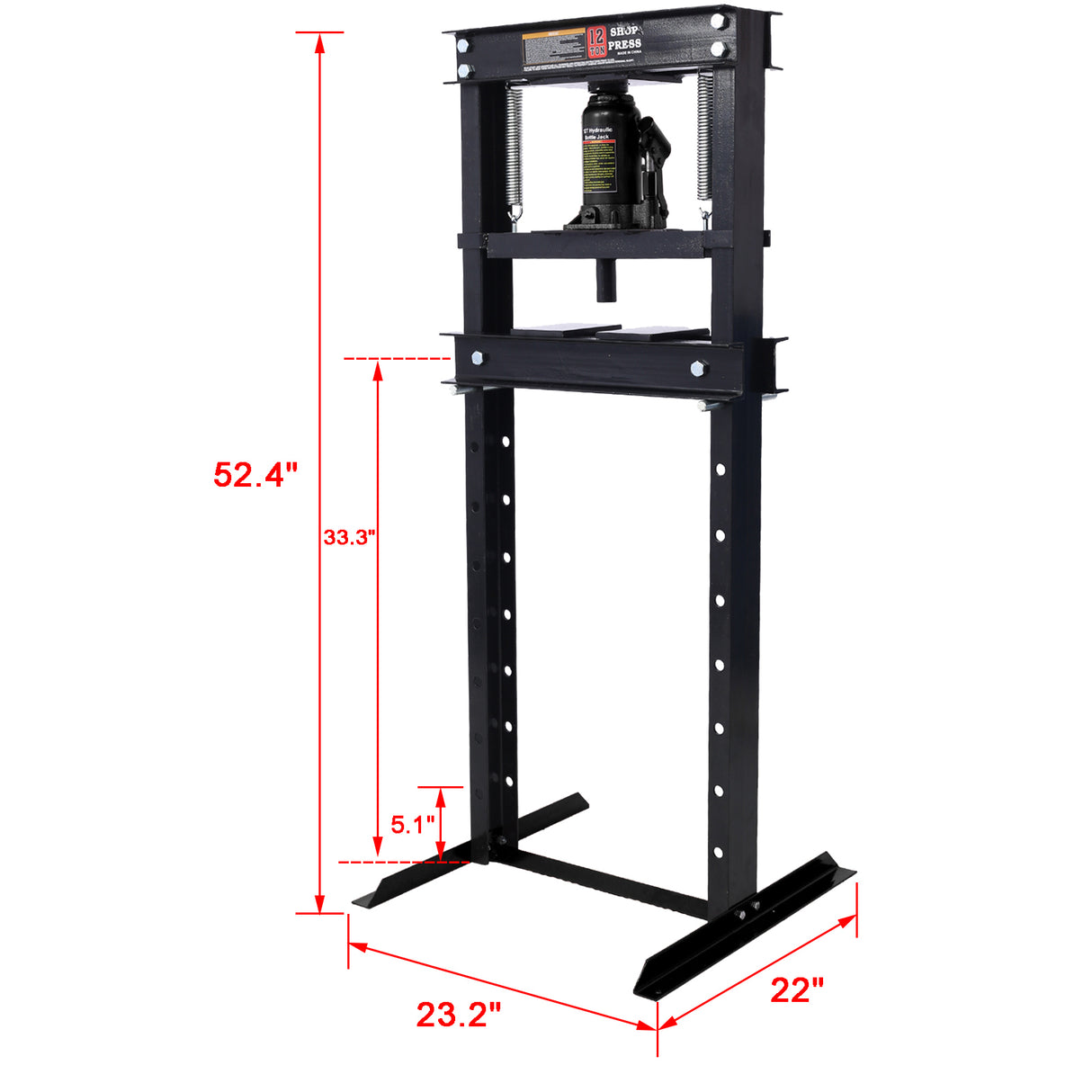 Presse hydraulique d'atelier, capacité de 12 tonnes, support au sol avec plaques de presse, cadre en H, presse au sol de garage réglable, noire