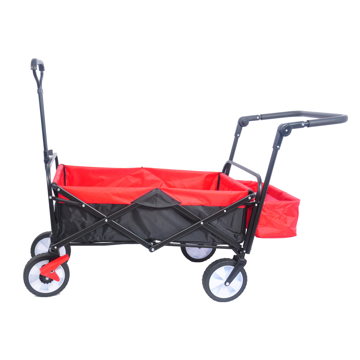 Collapsible Outdoor Utility Wagon Heavy Duty Folding Garden Portable Hand Cart Drink Holder Adjustable Handles Black Red