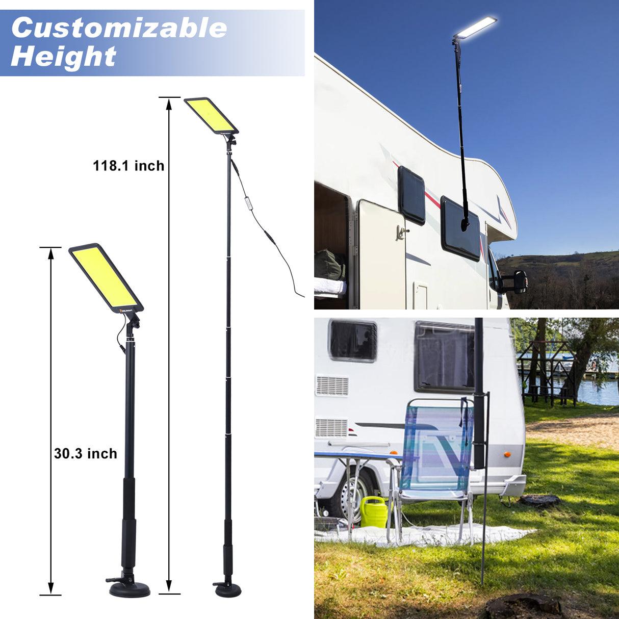 LED-Campingleuchte, 12 V, 10.000 Lumen, superhelle, tragbare Außenleuchte mit Teleskopstange, Saugnapf, Magnetfuß, Flutlampe für Outdoor, Camping, Angeln, Picknick, Grillen, Stromausfall