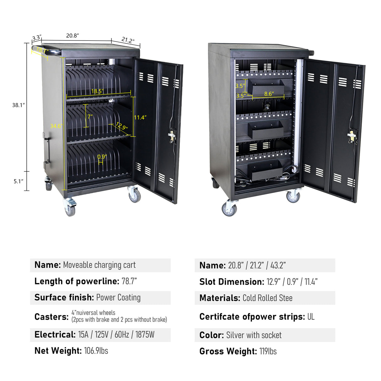 Carro y gabinete de carga móvil para 45 dispositivos para tabletas y portátiles