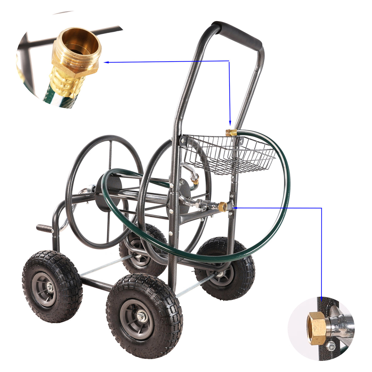 Carro de carrete de manguera de jardín portátil de 4 ruedas con cesta de almacenamiento resistente a la corrosión soporte de manguera de agua de acero