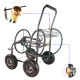 4 Wheels Portable Garden Hose Reel Cart with Storage Basket Rust Resistant Heavy Duty Water Hose Holder Steel