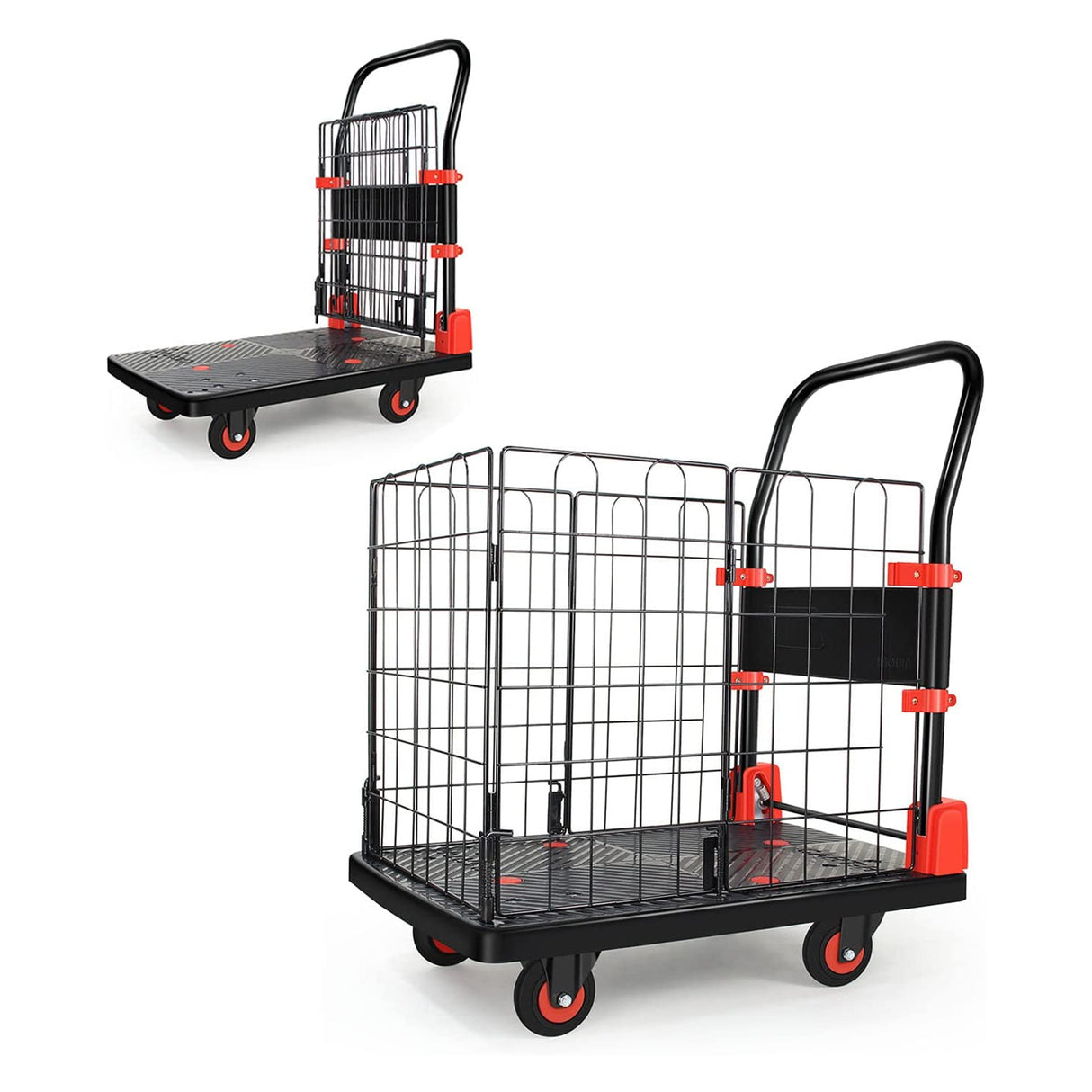 Foldable Platform Push Hand Truck Basket Cage Cart 330 lbs Capacity--Black+Red