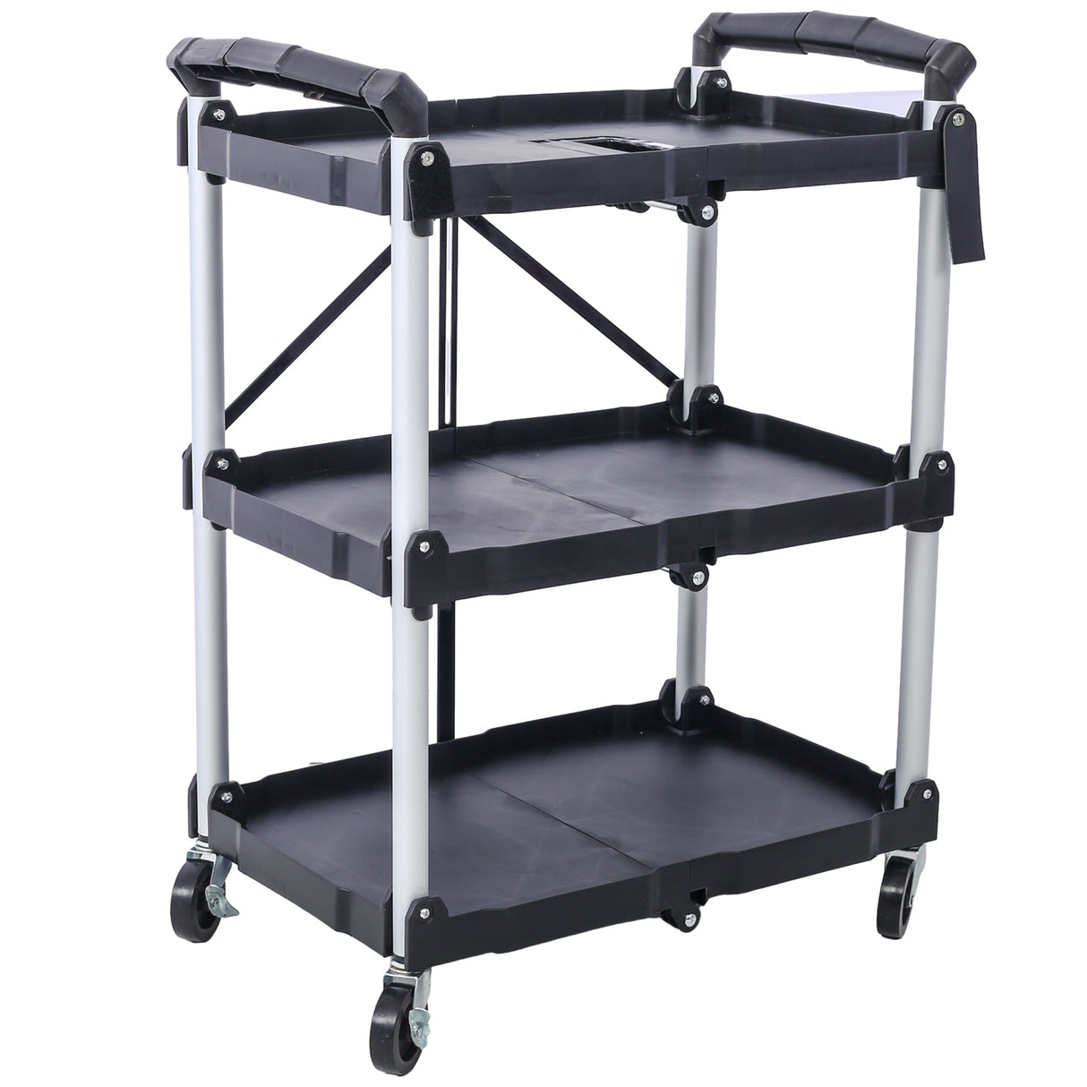 3 Layers Folding Collapsible Service Cart Pack-N-Roll Black 50 Lb. Load Capacity Per Shelf