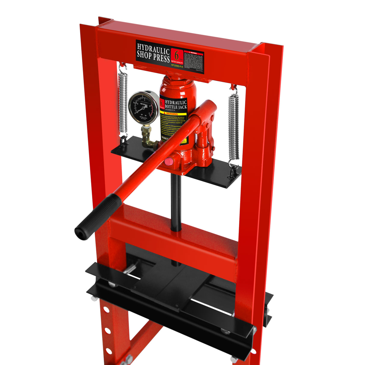 6 Ton Hydraulic Shop Floor Press with Pressure Gauge Steel H-Frame Shop Press with Steel Plates Adjustable Working Table-Red