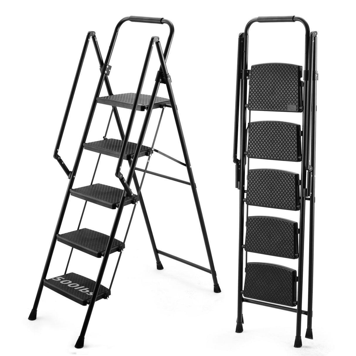 5-Step Ladder Folding Stool with Anti Slip Wide Pedals with Safety Handle Lightweight 300 Pound Portable Steel Black