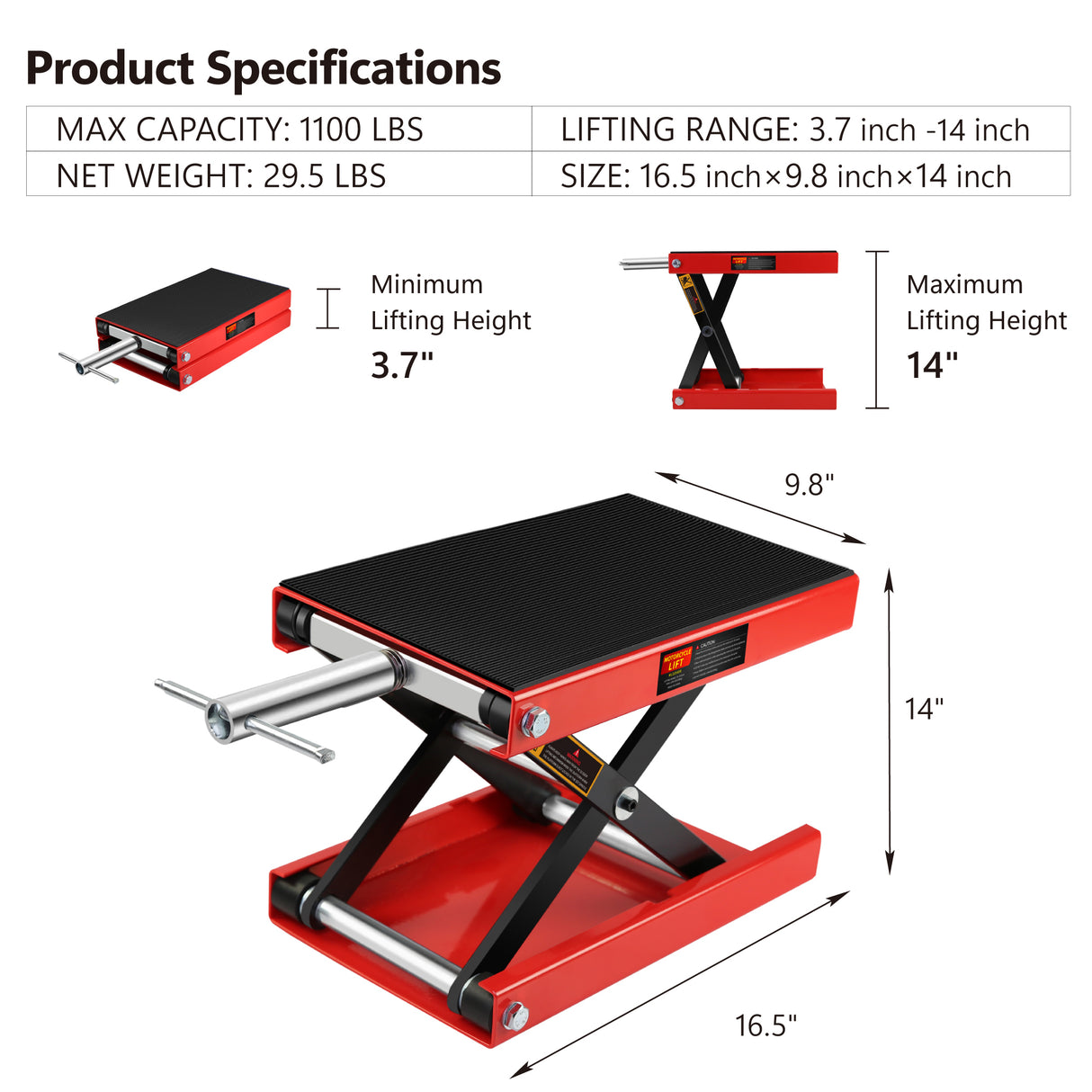 Lift Scissor Jack Steel Wide Deck Hoist Crank Center Stand 1100 LBS Capacity for Motorcycles ATVs Dirt Bikes