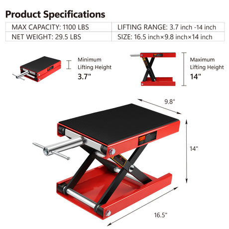 Lift Scissor Jack Steel Wide Deck Hoist Crank Center Stand 1100 LBS Capacity for Motorcycles ATVs Dirt Bikes