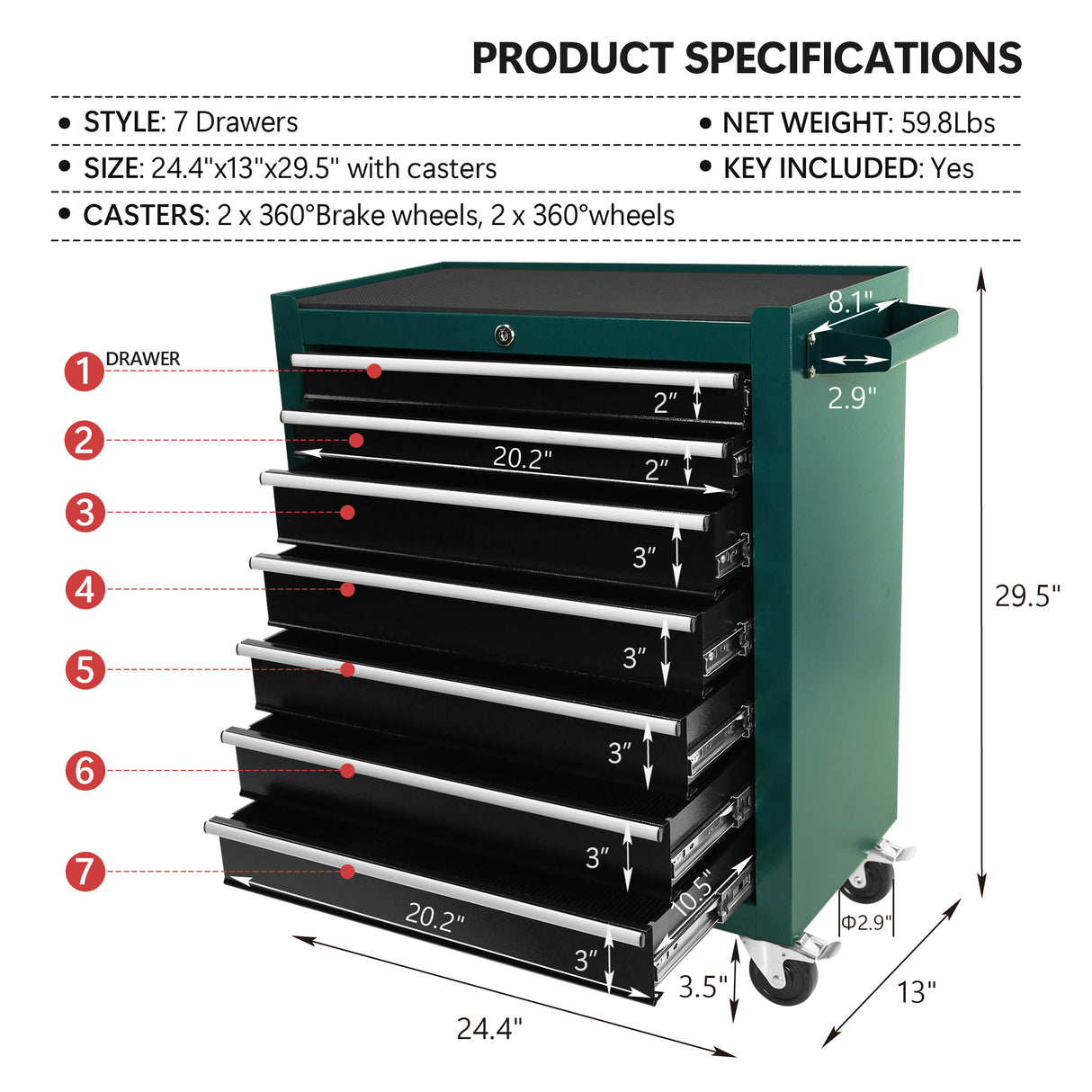 7-Drawer Rolling Tool Cart Box on Wheels Lockable Home Repair Storage Organizer Chest Cabinet for Mechanic Garage