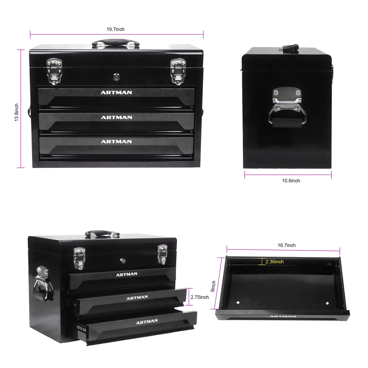 3 Drawers Tool Box with Tool Set Black