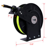 Retractable Air Hose Reel With 3/8" Inch x 50' Ft Heavy Duty Steel Auto Rewind Pneumatic Industrial Grade Rubber 300 PSI--Black