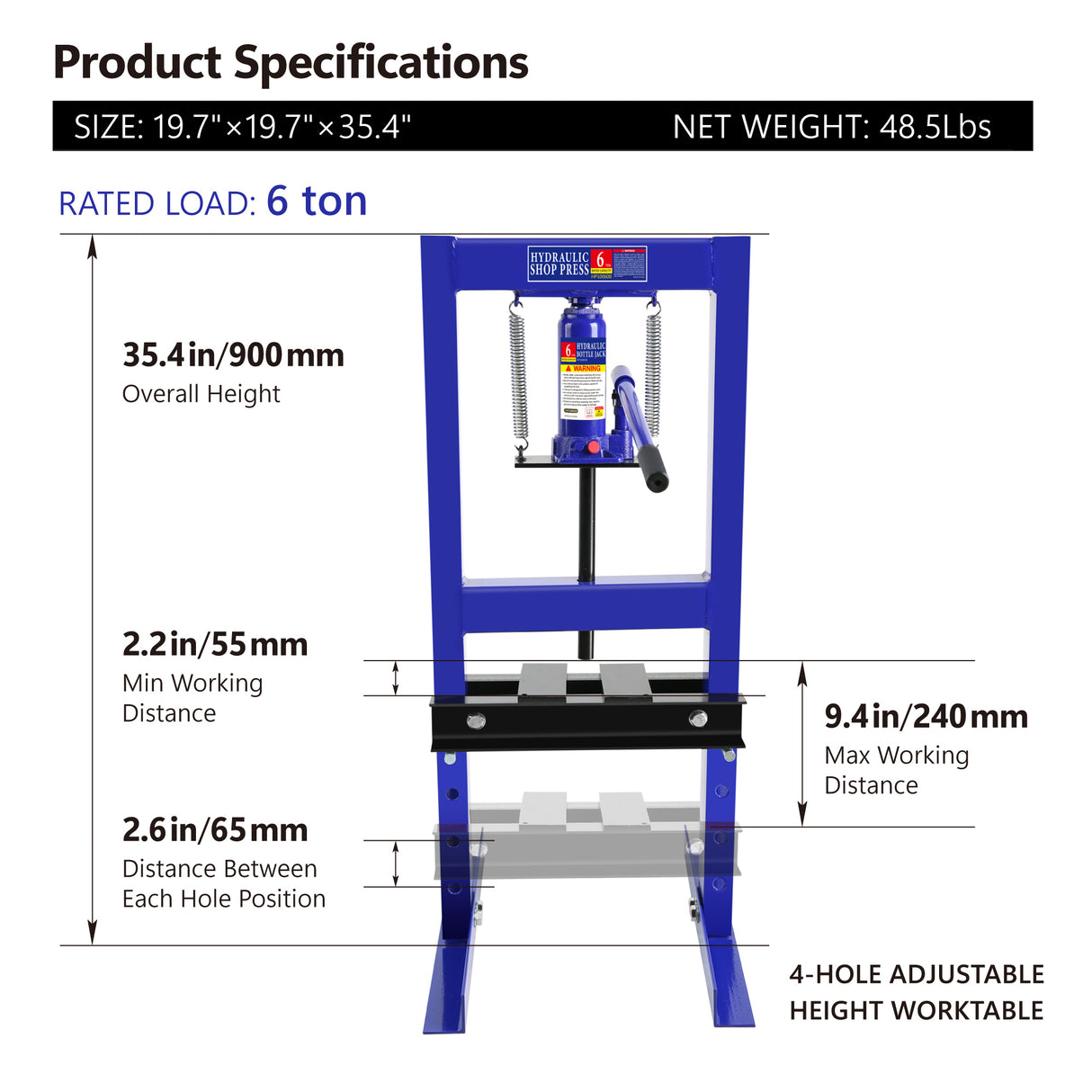 Steel H-Frame Hydraulic Shop Press with Stamping Plates to Bend Straighten or Press Parts Install Bearings and U-Joints 6 Ton Capacity Blue