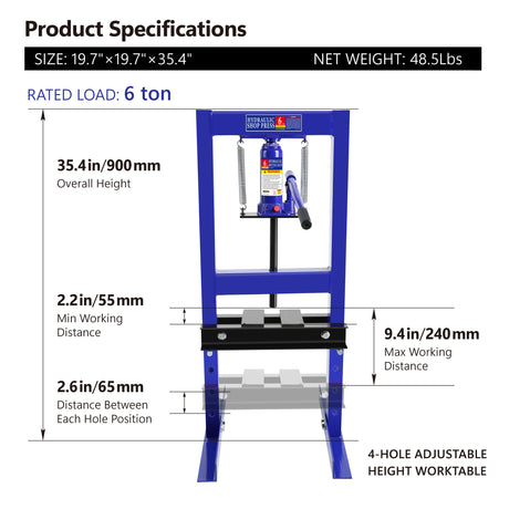 Steel H-Frame Hydraulic Shop Press with Stamping Plates to Bend Straighten or Press Parts Install Bearings and U-Joints 6 Ton Capacity Blue