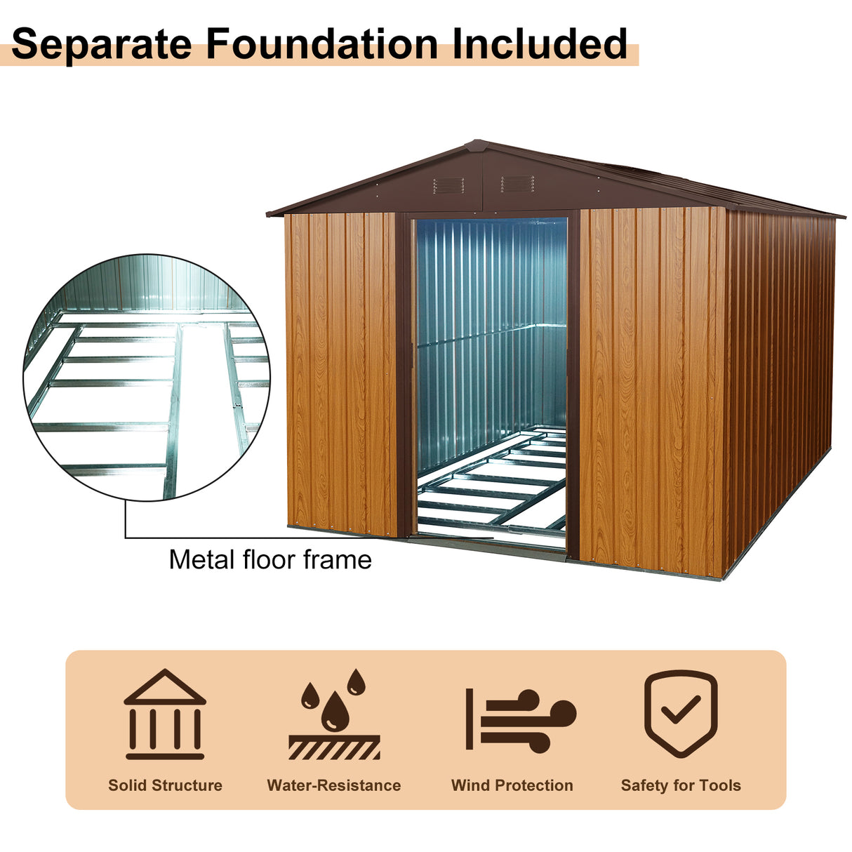 8ft x 10ft Outdoor Storage Shed with Metal Floor Base Coffee