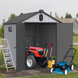 Hangar de rangement en plastique 6 × 8 pieds pour jardin d'arrière-cour, outil à grande flèche, noir et gris