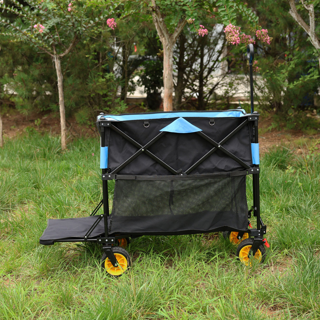 Großer Klappwagen mit großer Kapazität, extra langer Verlängerungswagen, zusammenklappbarer Garten-, Einkaufs- und Strandwagen, Schwarz, Blau