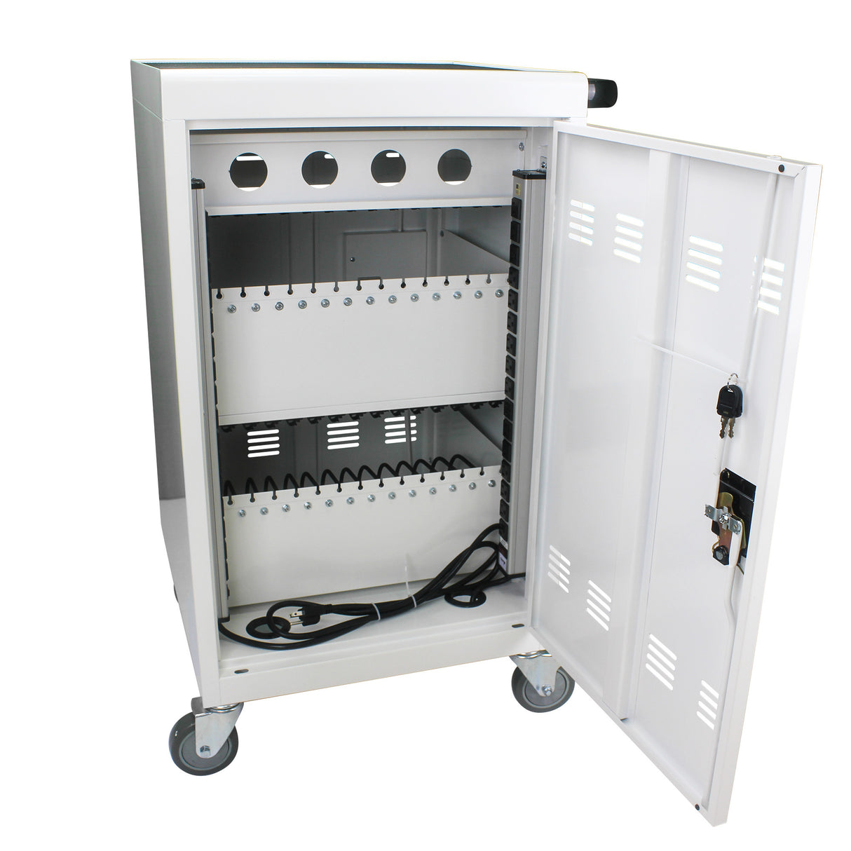 Mobile Charging Cart and Cabinet for Tablets Laptops 30-Device with Combination Lock White