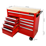 9 Drawers Multifunctional Tool Cart with Wheels and Wooden Top Red