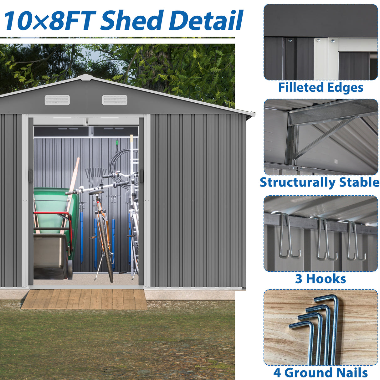 10X8 FT Outdoor Storage Shed Metal Foundation & Lockable Doors Tool for Garden Patio Backyard Lawn Grey