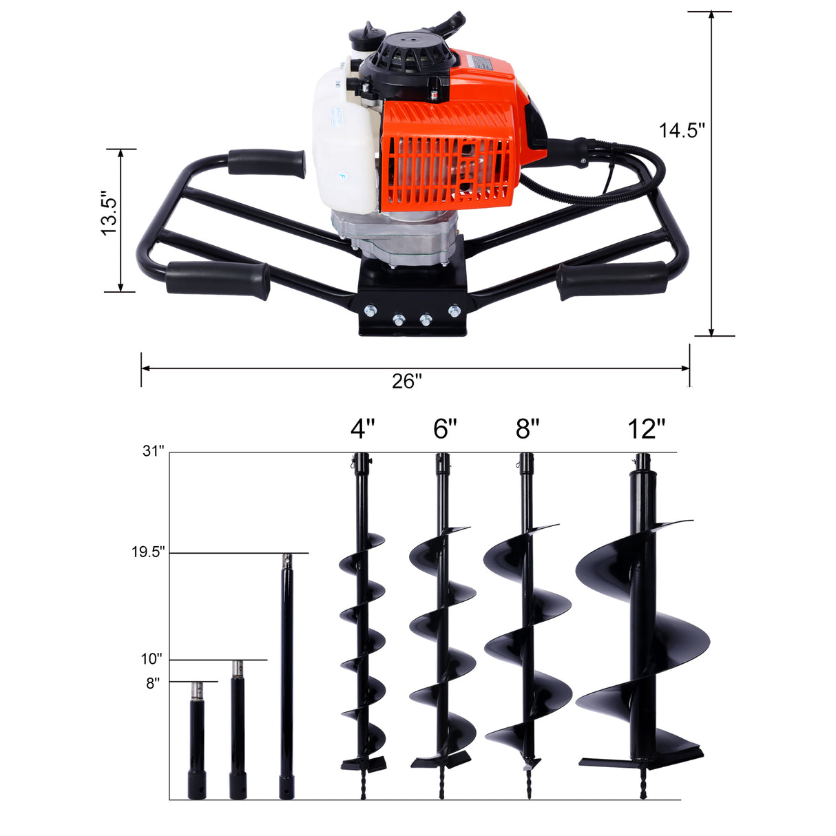 2,7 PK paalgraafmachine 63cc tweepersoonshandgreep, gasaangedreven 2-takt grondboor, graafschachtmaat 3/4" (alleen machine) EPA-KLACHT Met L4"+L6"+L8"+L12" BOREN+EXT STAAFKITS