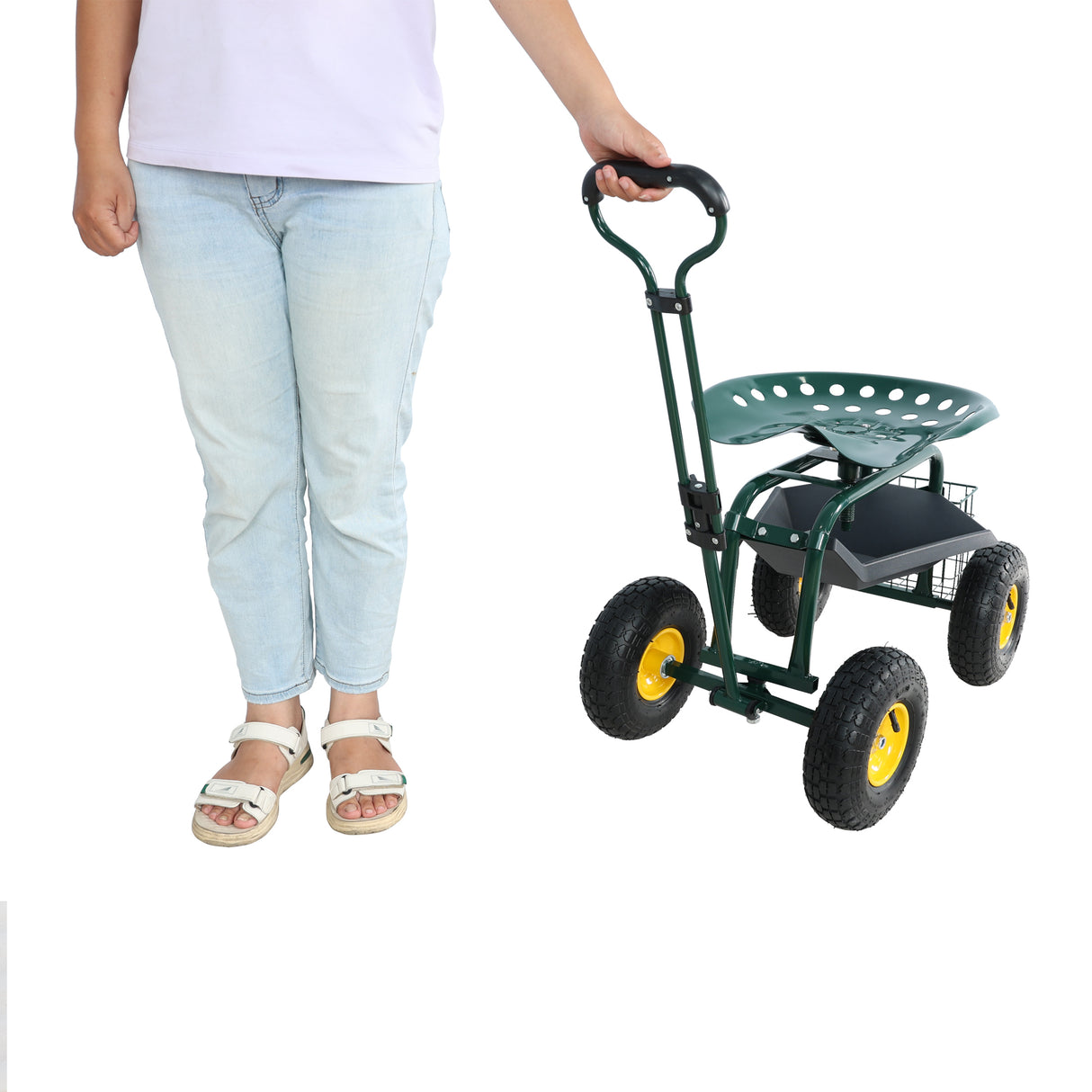 Garden Trolley Rolling Work Chair na may Wheels Stool para sa Pagtatanim ng 360 Degree Swivel Seat Station Wagon Scooter na may Steering Handle at Utility Tray para sa Yard at Outdoors Green