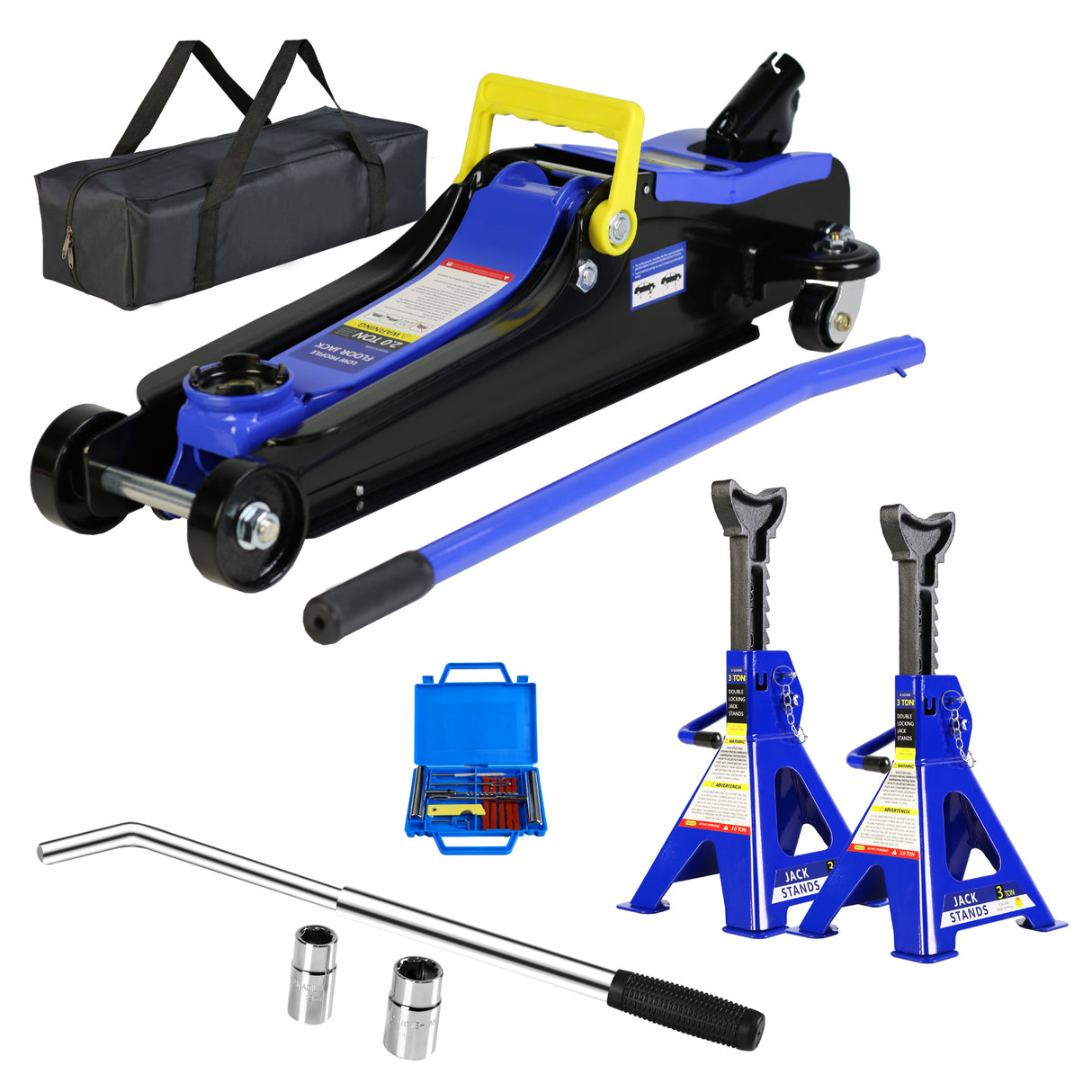 2 Ton Low Profile Floor Jack 3t Stand Tire Repair Kit L-Wrench Heavy Duty Steel Racing with Single Piston Quick Lift Pump Lifting Range 3.3"-15.2"