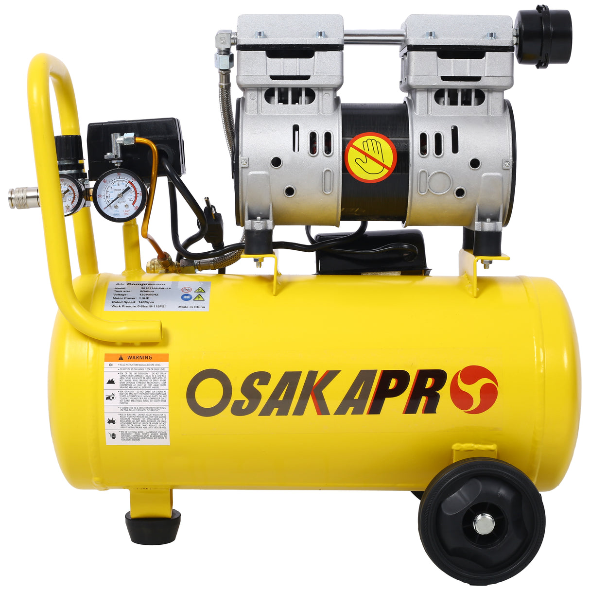 1.5HP Silent Oil-Free Air Compressor 8 Gallon Electric Shop Portable Lightweight with Wheels 70 DBA Noise Level na may Automatic Drain Valve Yellow