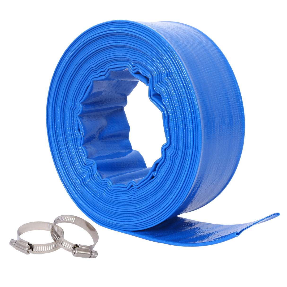 1-1/2" Flat 2.6" Width x 50 FT Pool Backwash Hose Blue Heavy Duty Reinforced PVC Lay Flat Water Discharge Hose for Swimming Pool Filter Pump with 2 Clamp