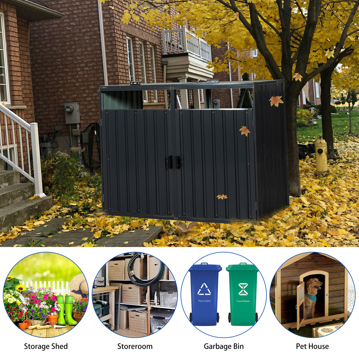 Garbage Bin Shed Stores 2 Trash Cans Metal Outdoor for Storage Stainless Galvanized Steel for Garden Yard Lawn Charcoal