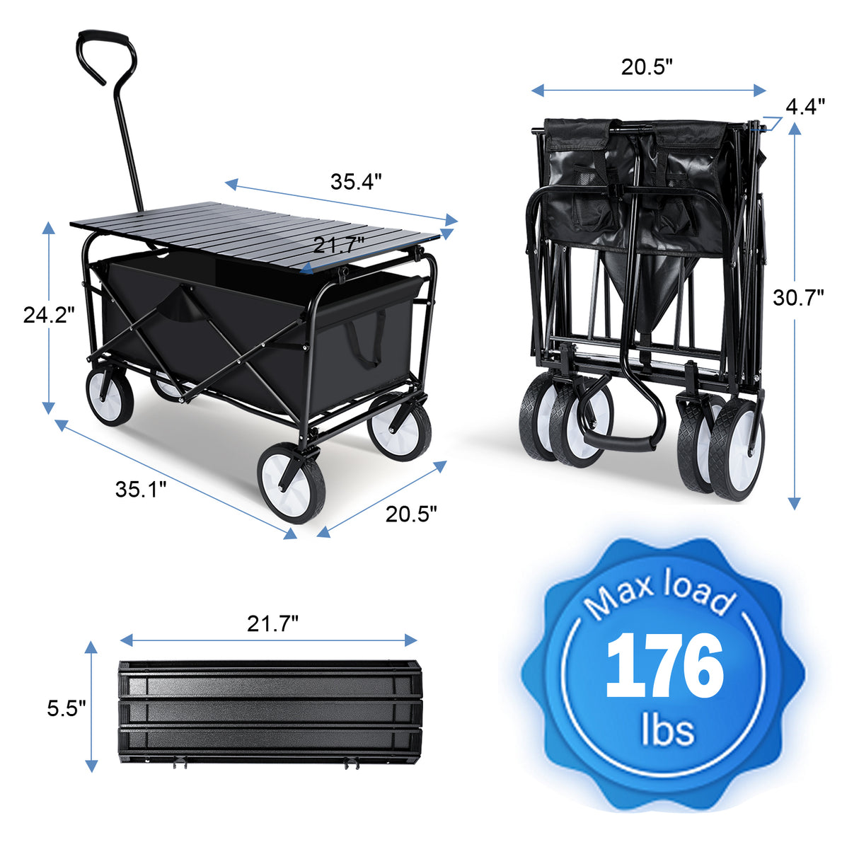 Bærbar sammenleggbar vognbord Combo Utility Utendørs campingvogn med universelle anti-skli hjul Justerbart håndtak sammen med metallbrett Skrivebord Svart 176 lbs Kapasitet