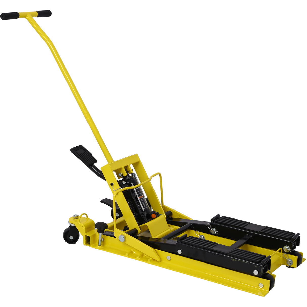 Gato elevador hidráulico para motocicleta, capacidad de 1500 libras, mesa portátil de tijera ATV con 4 ruedas, soporte de elevación accionado por el pie con amarre, color amarillo