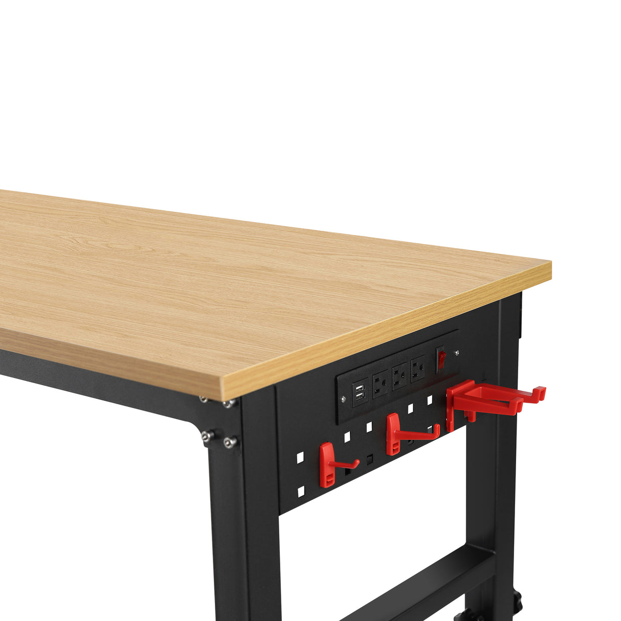 72" × 24'' Adjustable Workbench Rolling Heavy-Duty Worktable na may Power Outlet at Wheels Malaking Load Capacity Rubber Wood Top para sa Garage Office Workshop Home Easy Assembly