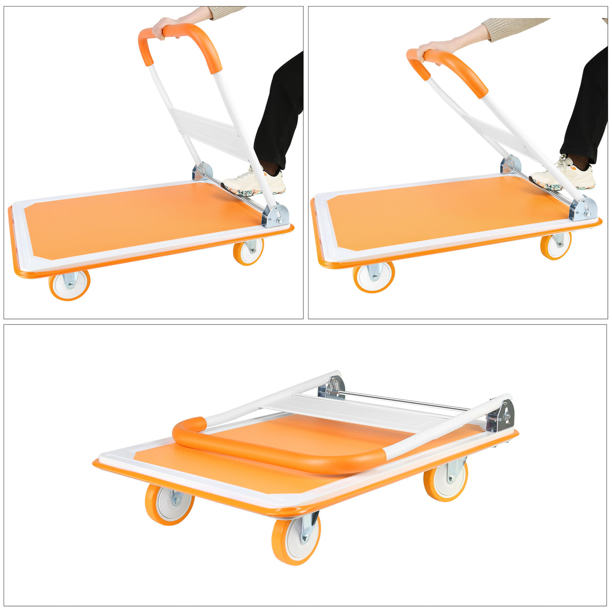 Carro de empuje plegable Dolly, plataforma móvil de alta resistencia con capacidad de 660 libras, carretilla de mano blanca y naranja